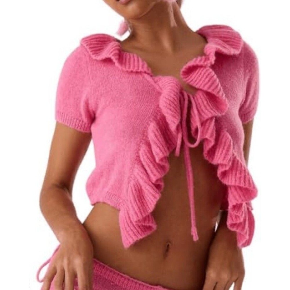 Musera Shrug Pink Knit Tie Ruffle V Neck Top S